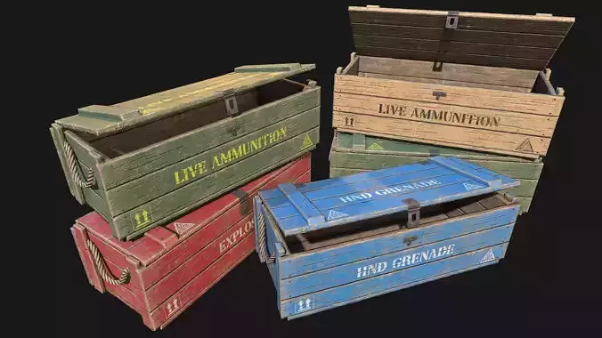 Low Poly PBR Wooden Military Crate 4 Low-poly 3D model