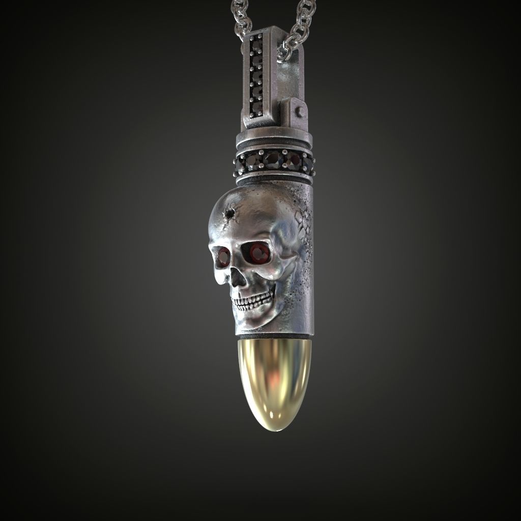 Pendant bullet skull black diamonds 3D print model_3