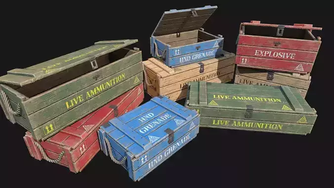 Low Poly PBR Wooden Military Crate Collection 