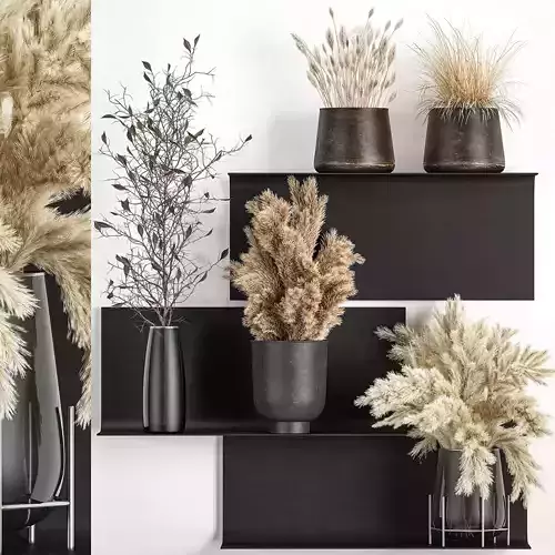 Bouquets of dried flowers  in a vase on a decorative shelf