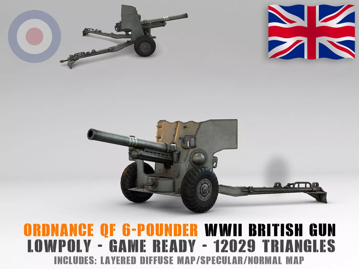 Low Poly Ordnance QF 6-pounder Low-poly 3D model_0