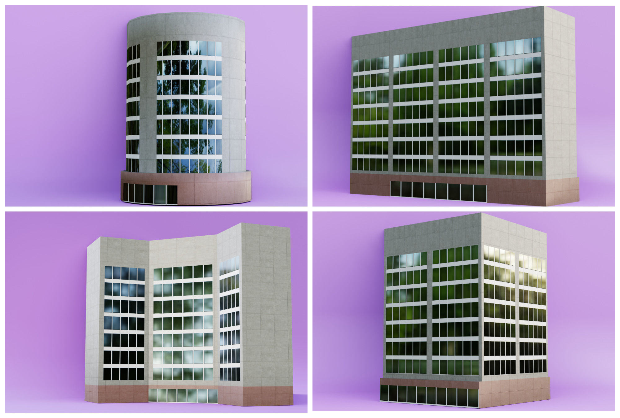 Pack of 4 office building Low-poly 3D model_1