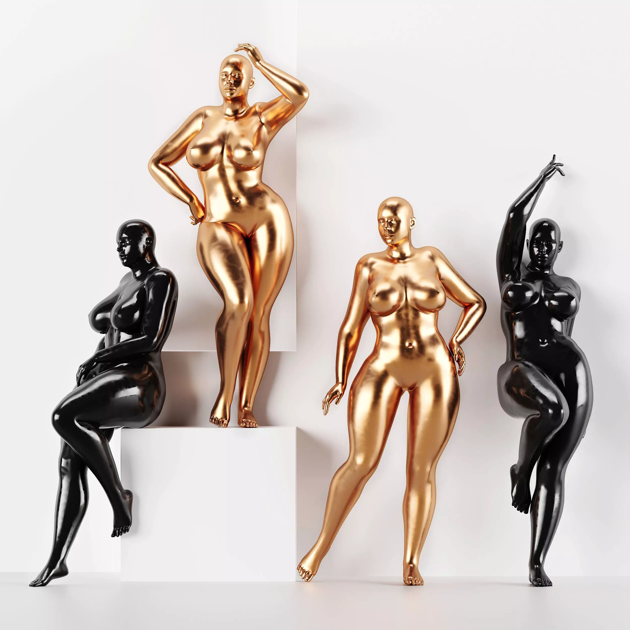 Black and Gold plus size female mannequin 4 Pose Await 3D model_0