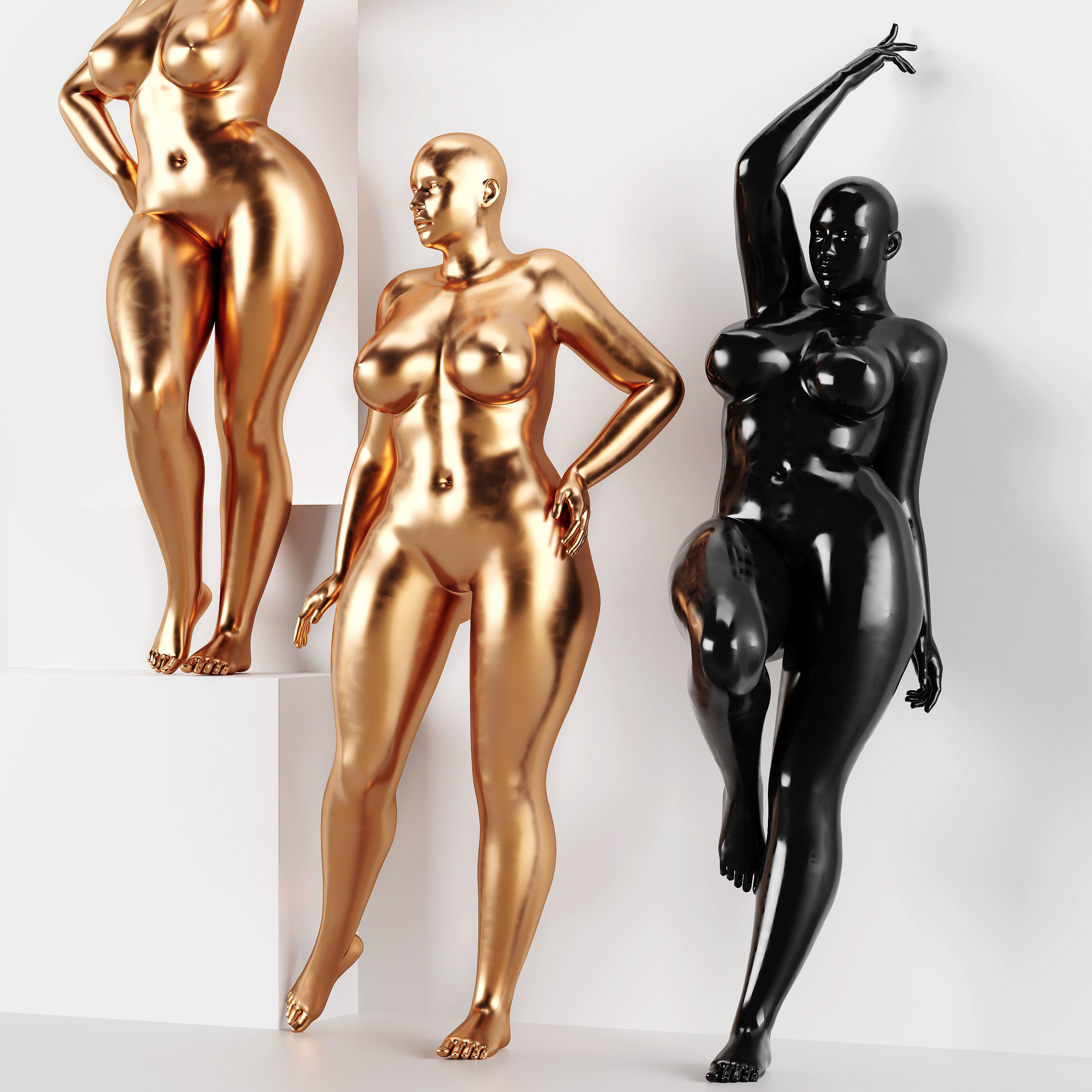 Black and Gold plus size female mannequin 4 Pose Await 3D model_2
