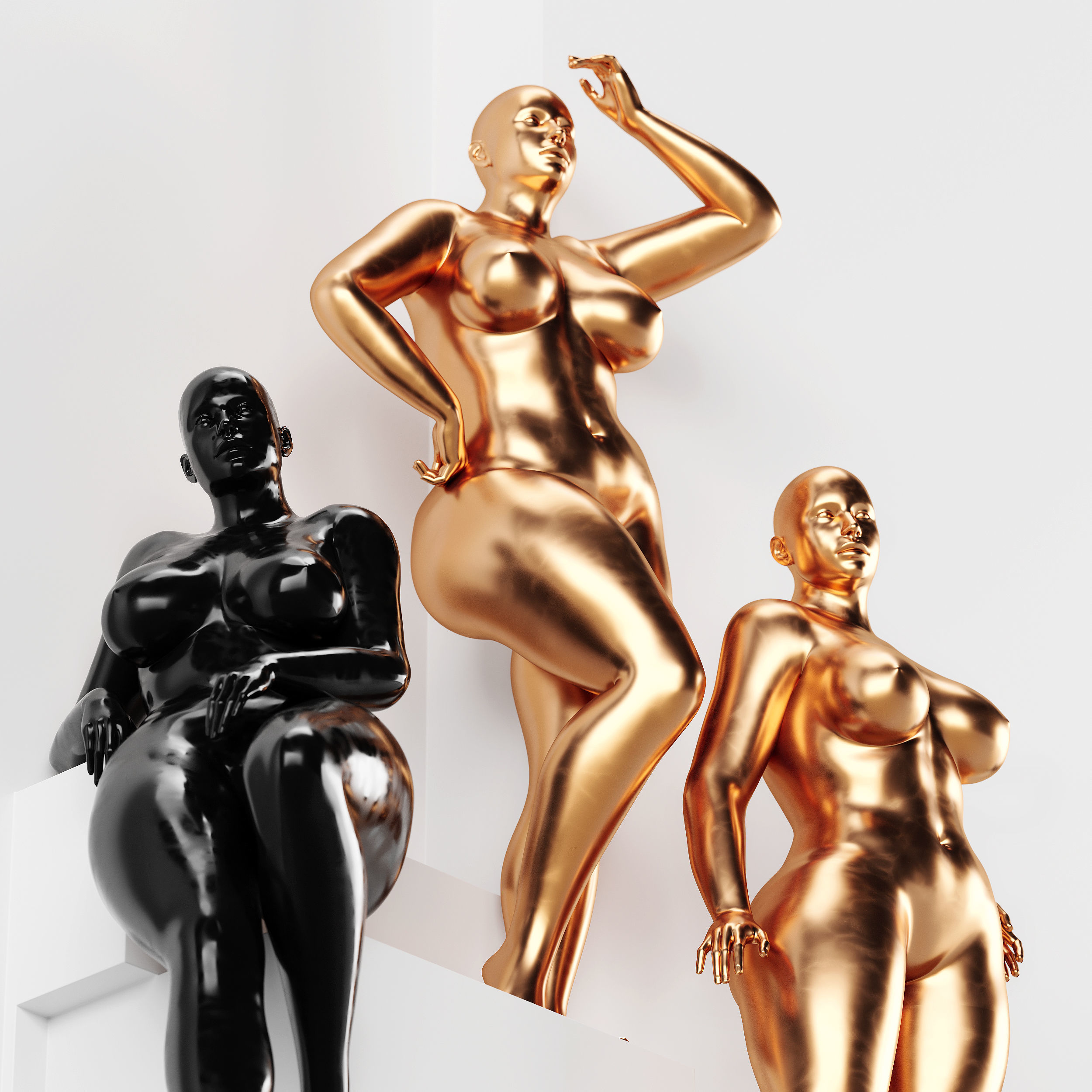 Black and Gold plus size female mannequin 4 Pose Await 3D model_1