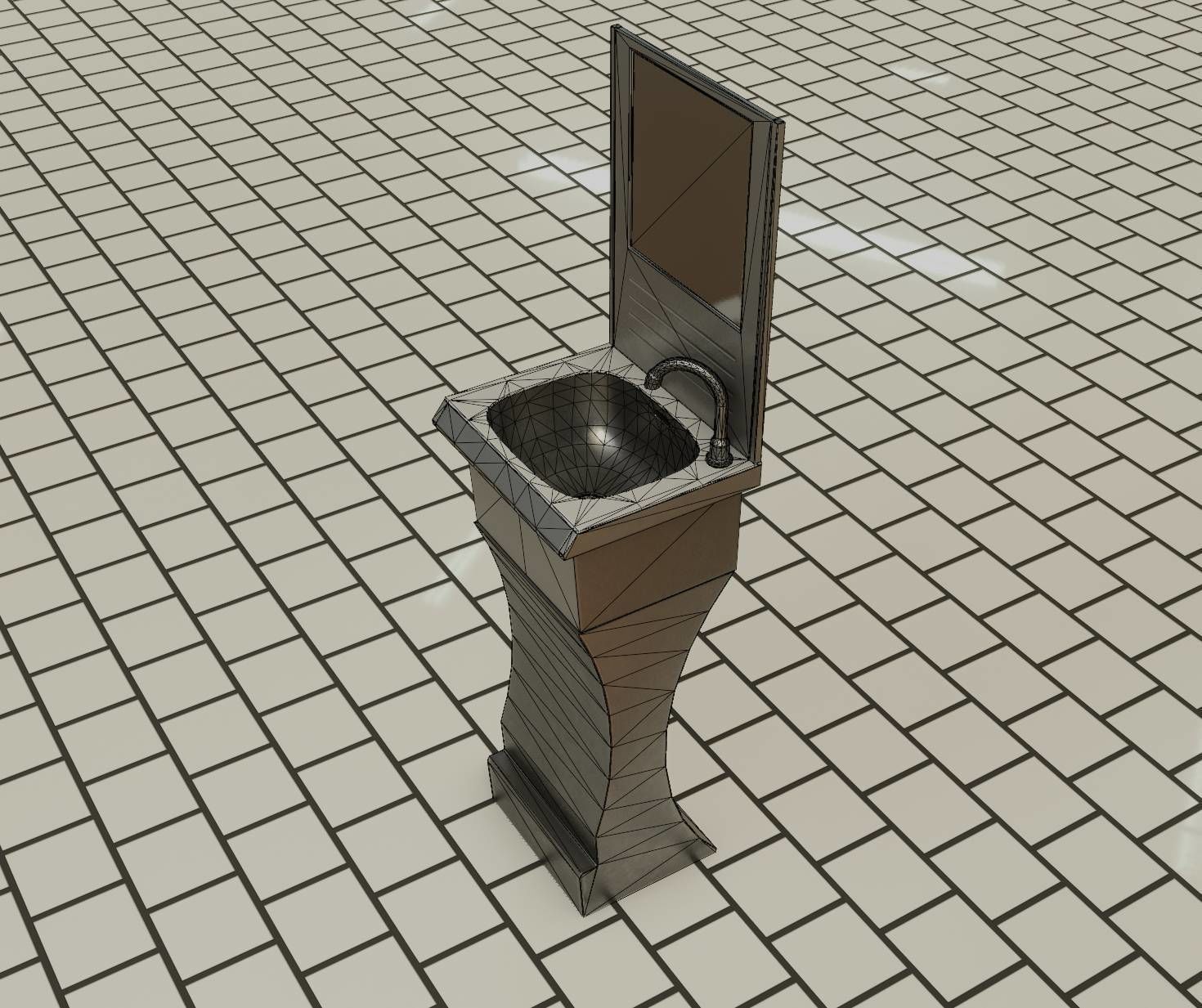 Public Metal Sci-Fi Sink - 40 - with Mirror Low-poly 3D model_49
