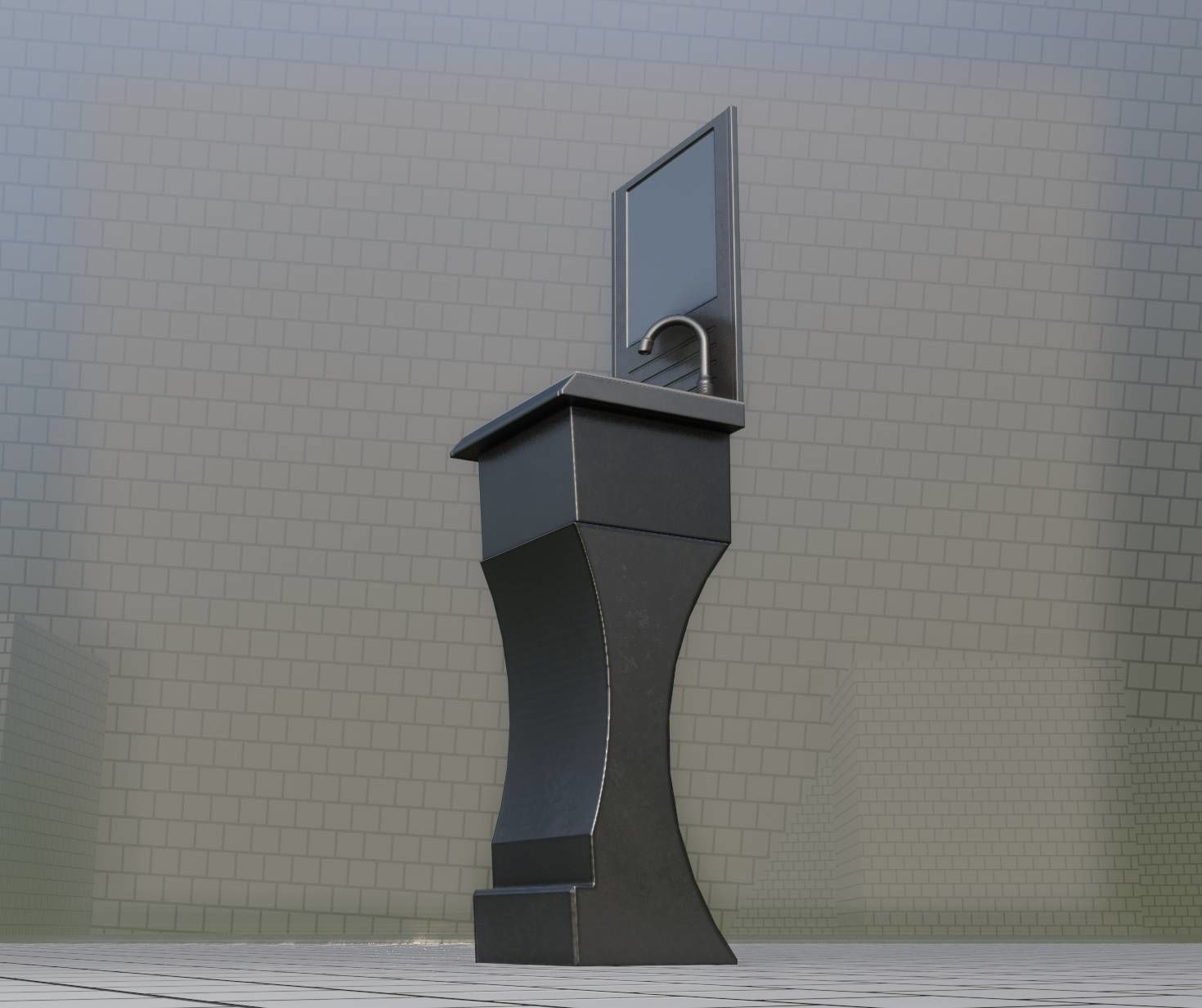 Public Metal Sci-Fi Sink - 40 - with Mirror Low-poly 3D model_29