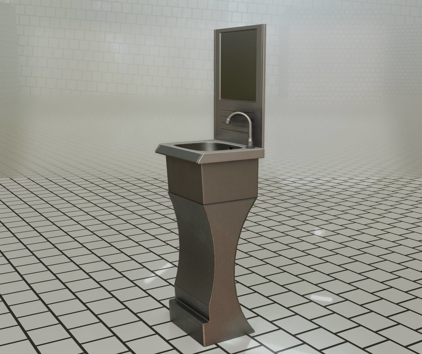 Public Metal Sci-Fi Sink - 40 - with Mirror Low-poly 3D model_50