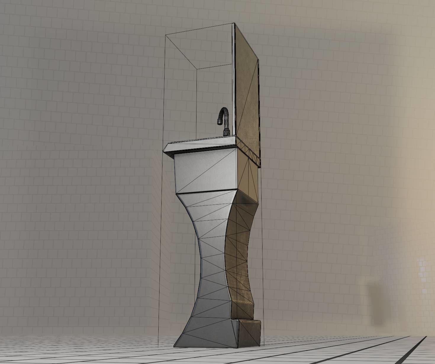 Public Metal Sci-Fi Sink - 35 - with Mirror Low-poly 3D model_93