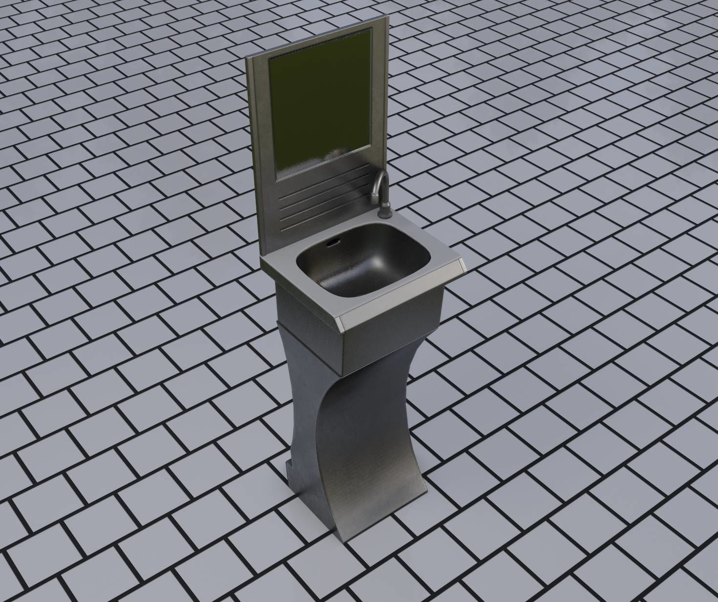Public Metal Sci-Fi Sink - 35 - with Mirror Low-poly 3D model_49