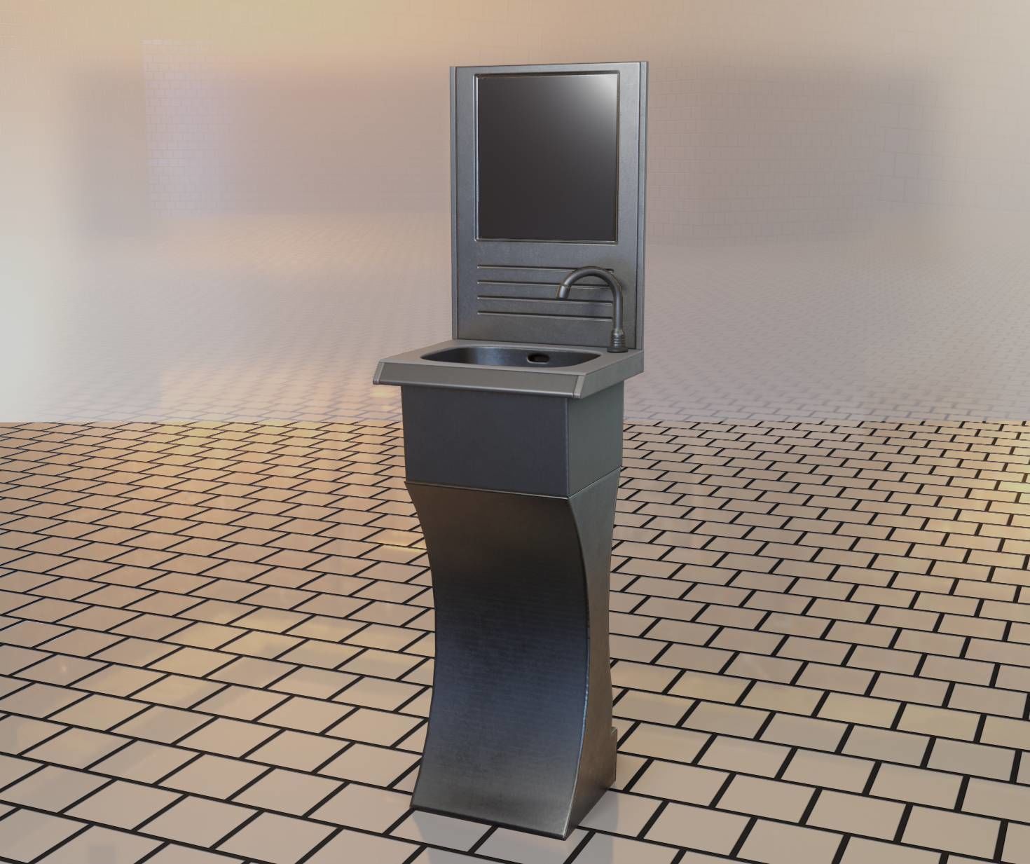 Public Metal Sci-Fi Sink - 35 - with Mirror Low-poly 3D model_55