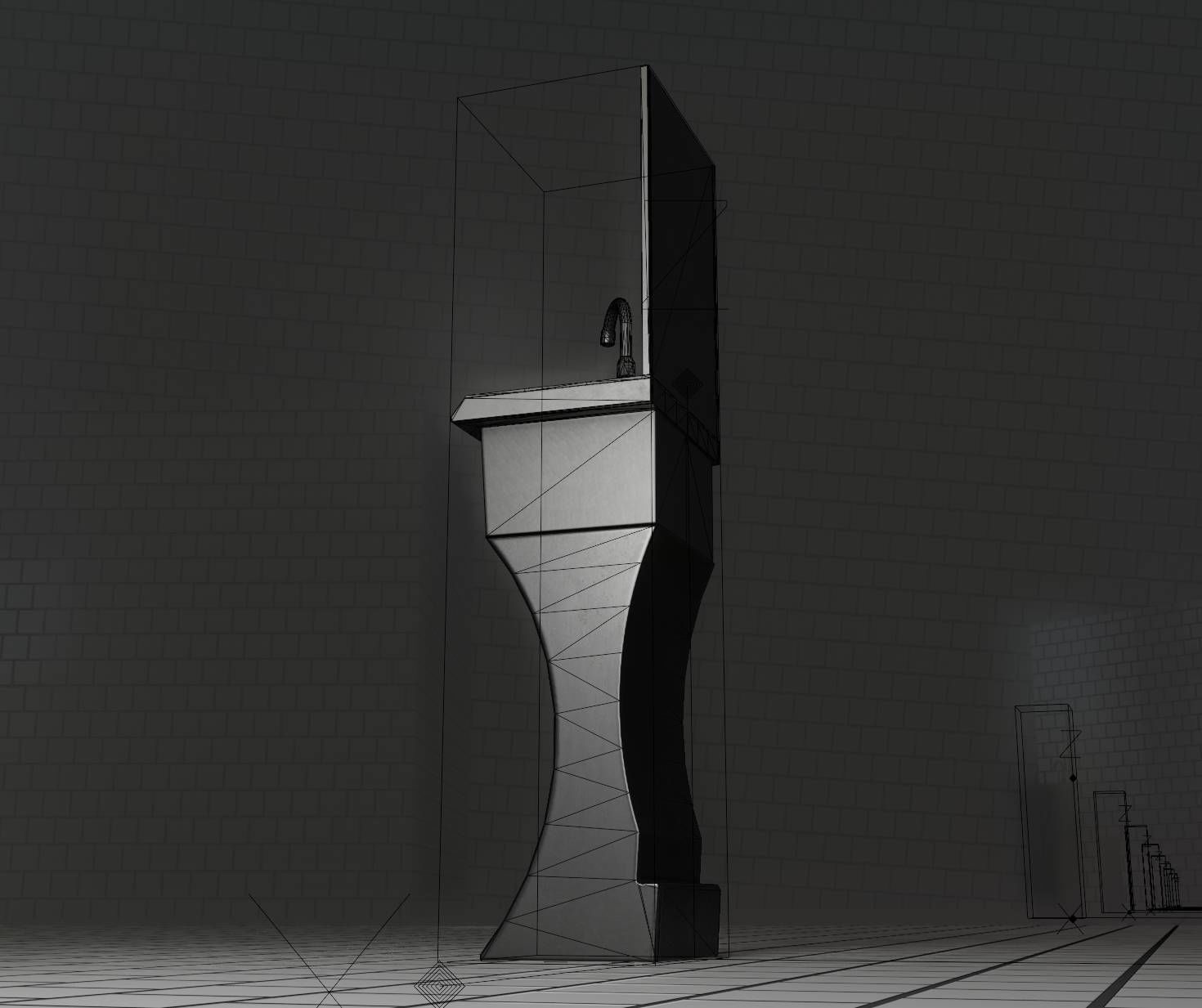 Public Metal Sci-Fi Sink - 35 - with Mirror Low-poly 3D model_2