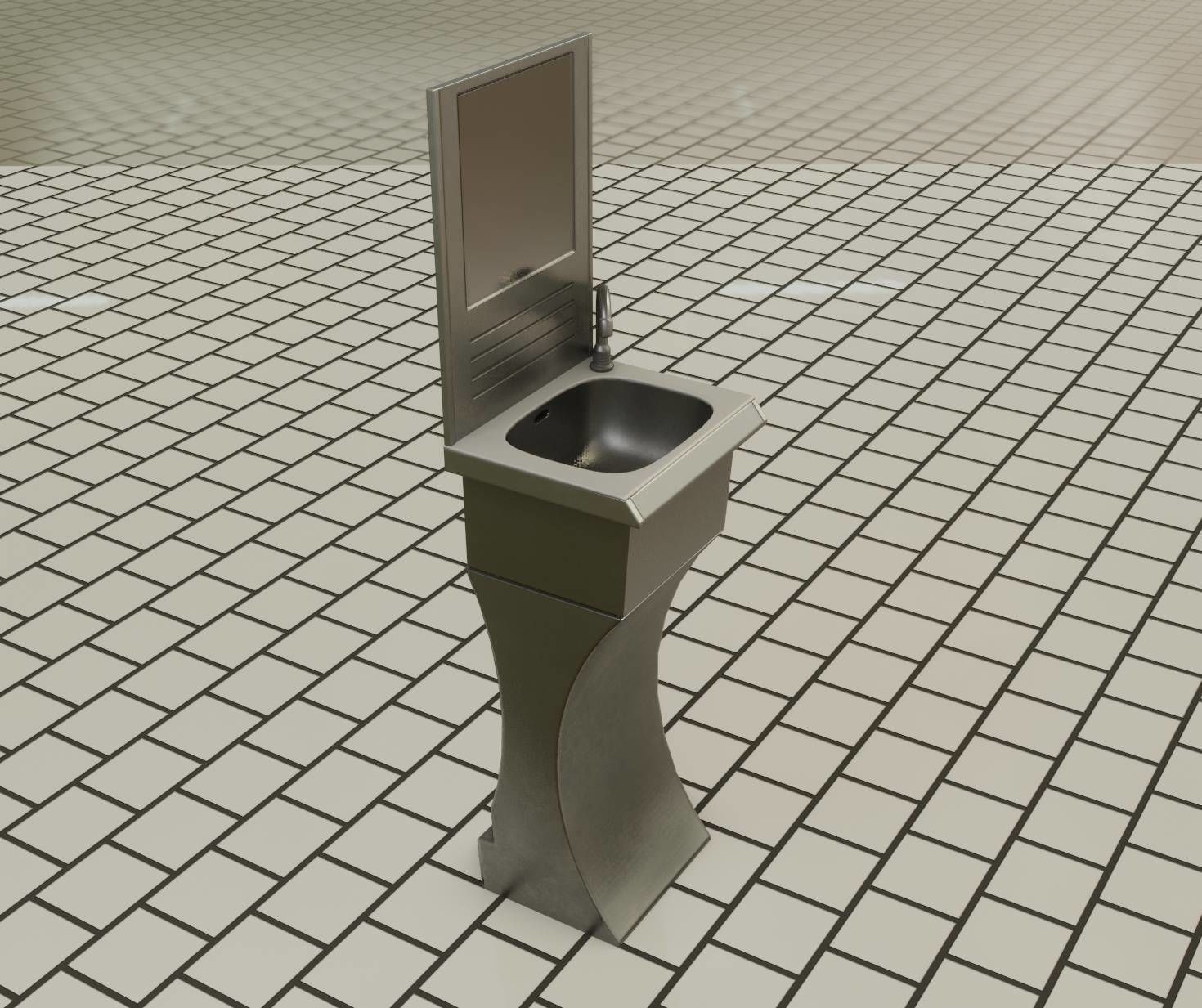 Public Metal Sci-Fi Sink - 35 - with Mirror Low-poly 3D model_19