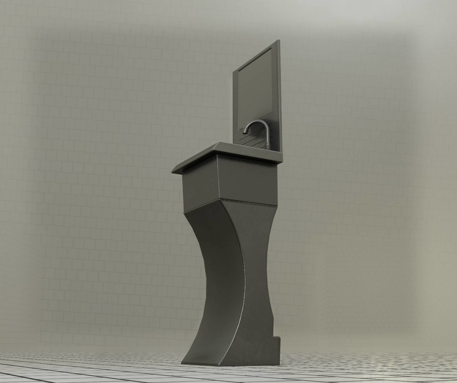 Public Metal Sci-Fi Sink - 35 - with Mirror Low-poly 3D model_32