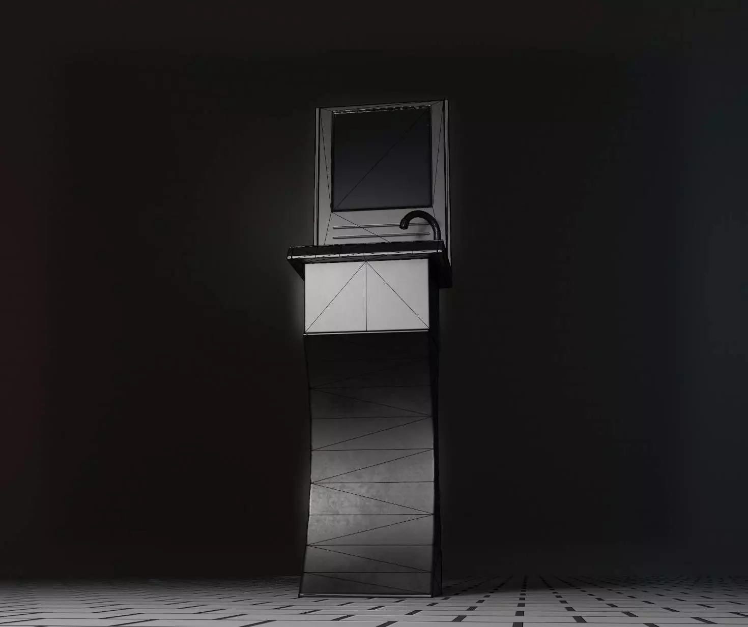 Public Metal Sci-Fi Sink - 35 - with Mirror Low-poly 3D model_0