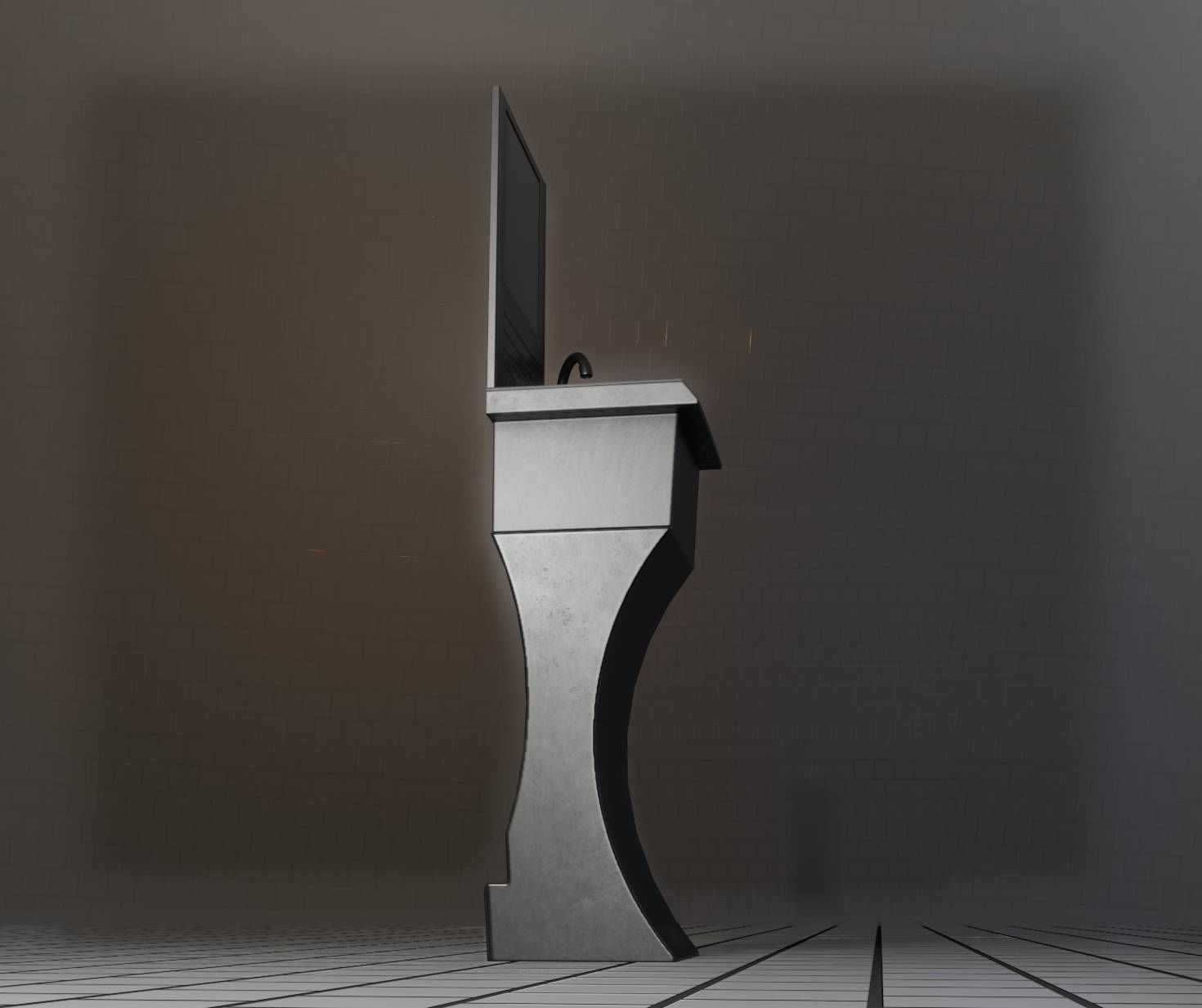 Public Metal Sci-Fi Sink - 35 - with Mirror Low-poly 3D model_7