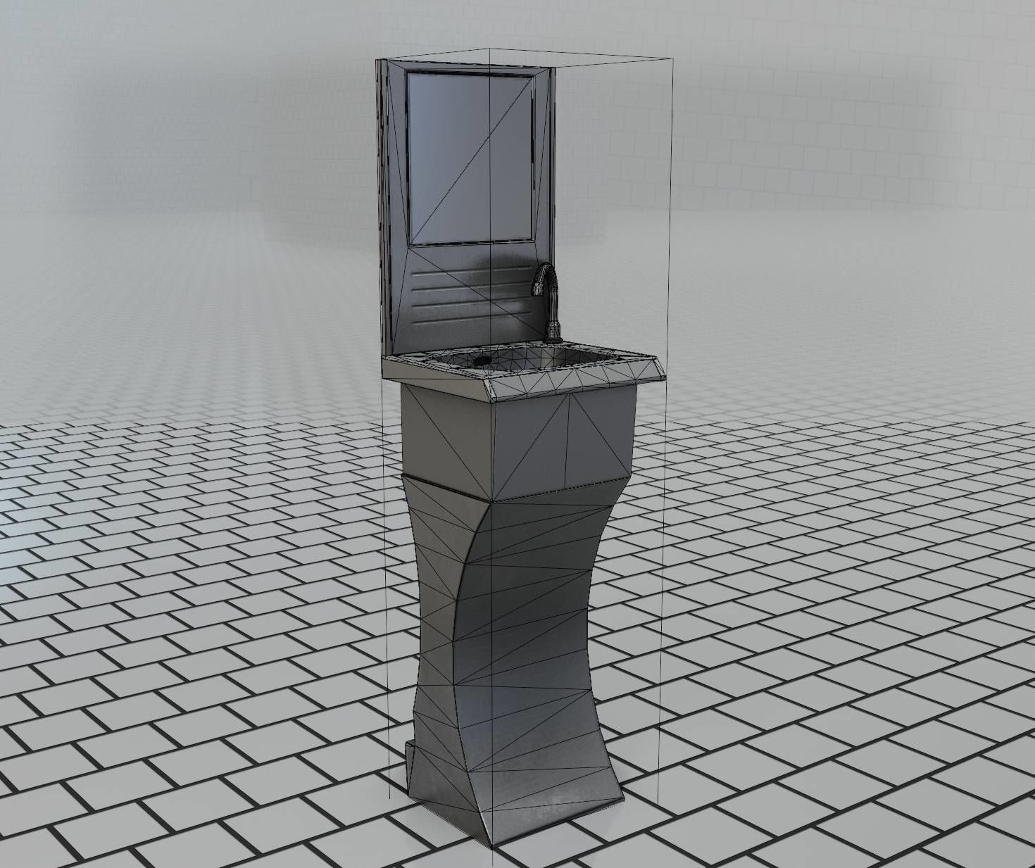 Public Metal Sci-Fi Sink - 35 - with Mirror Low-poly 3D model_5