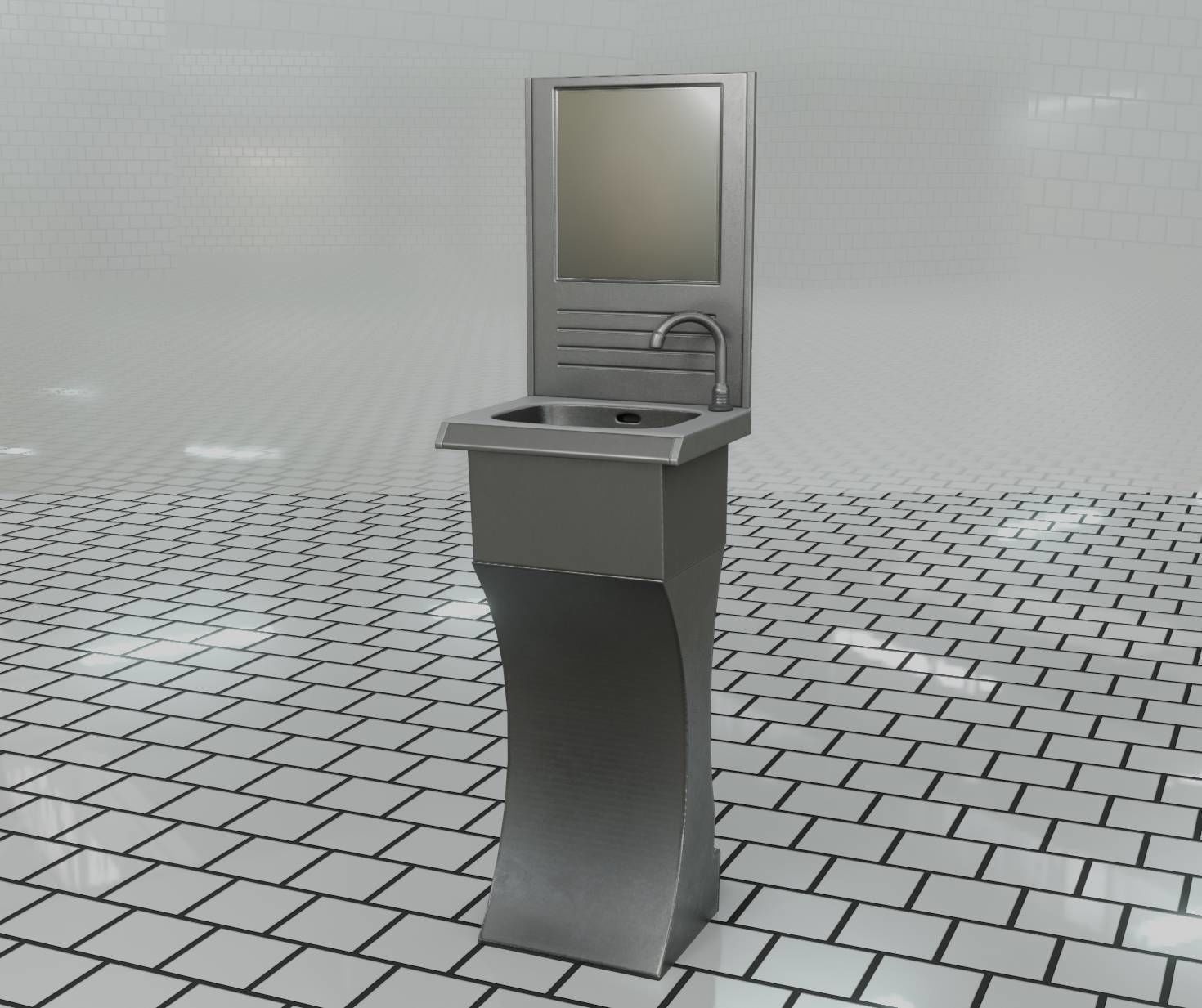 Public Metal Sci-Fi Sink - 35 - with Mirror Low-poly 3D model_86