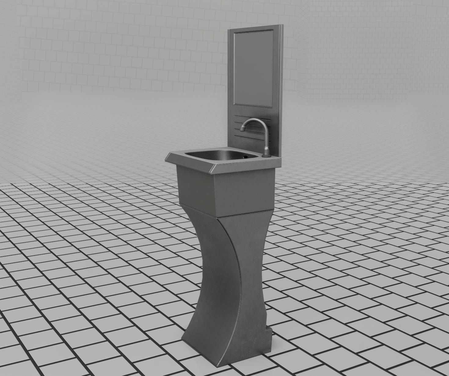 Public Metal Sci-Fi Sink - 35 - with Mirror Low-poly 3D model_1