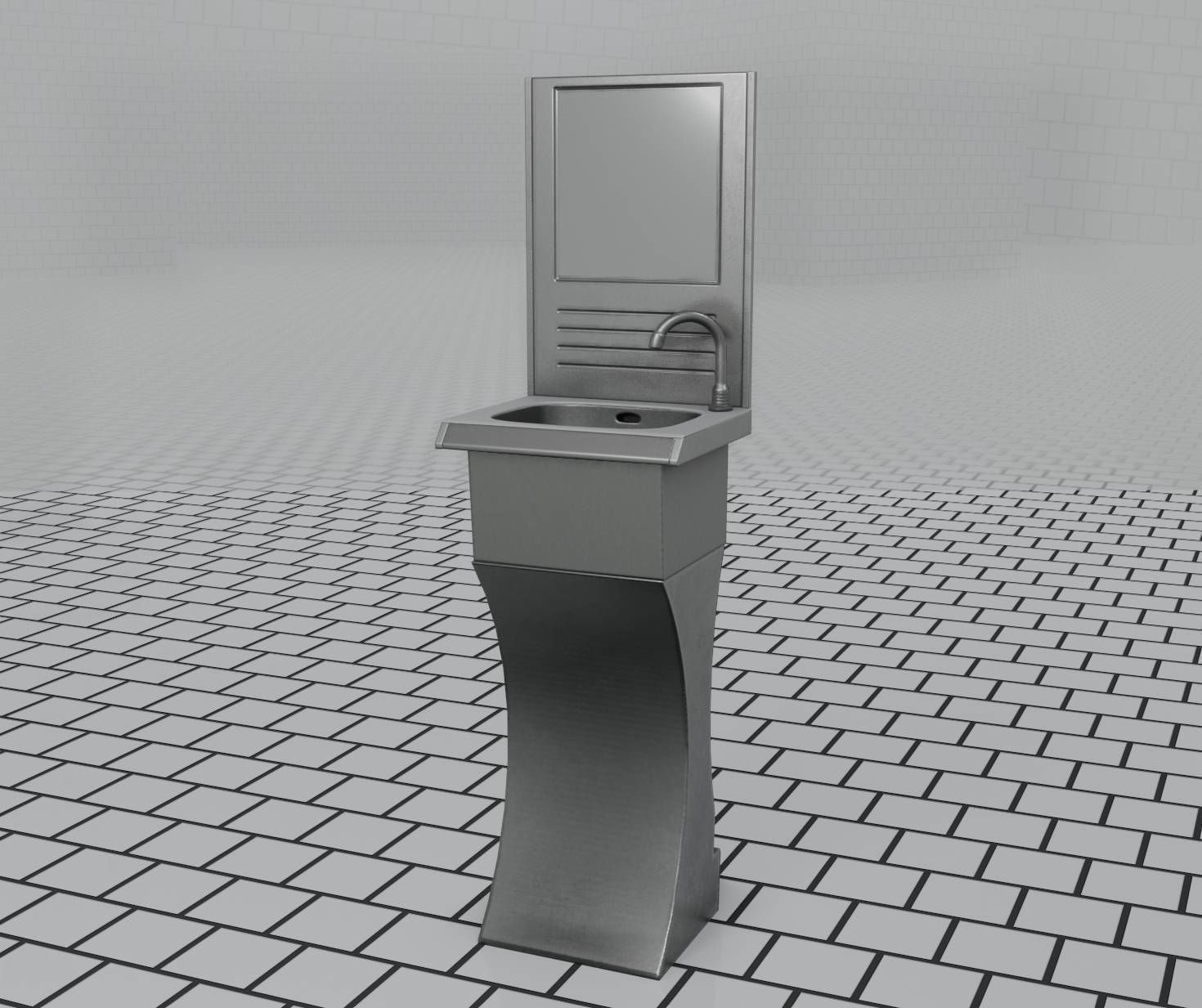 Public Metal Sci-Fi Sink - 35 - with Mirror Low-poly 3D model_3