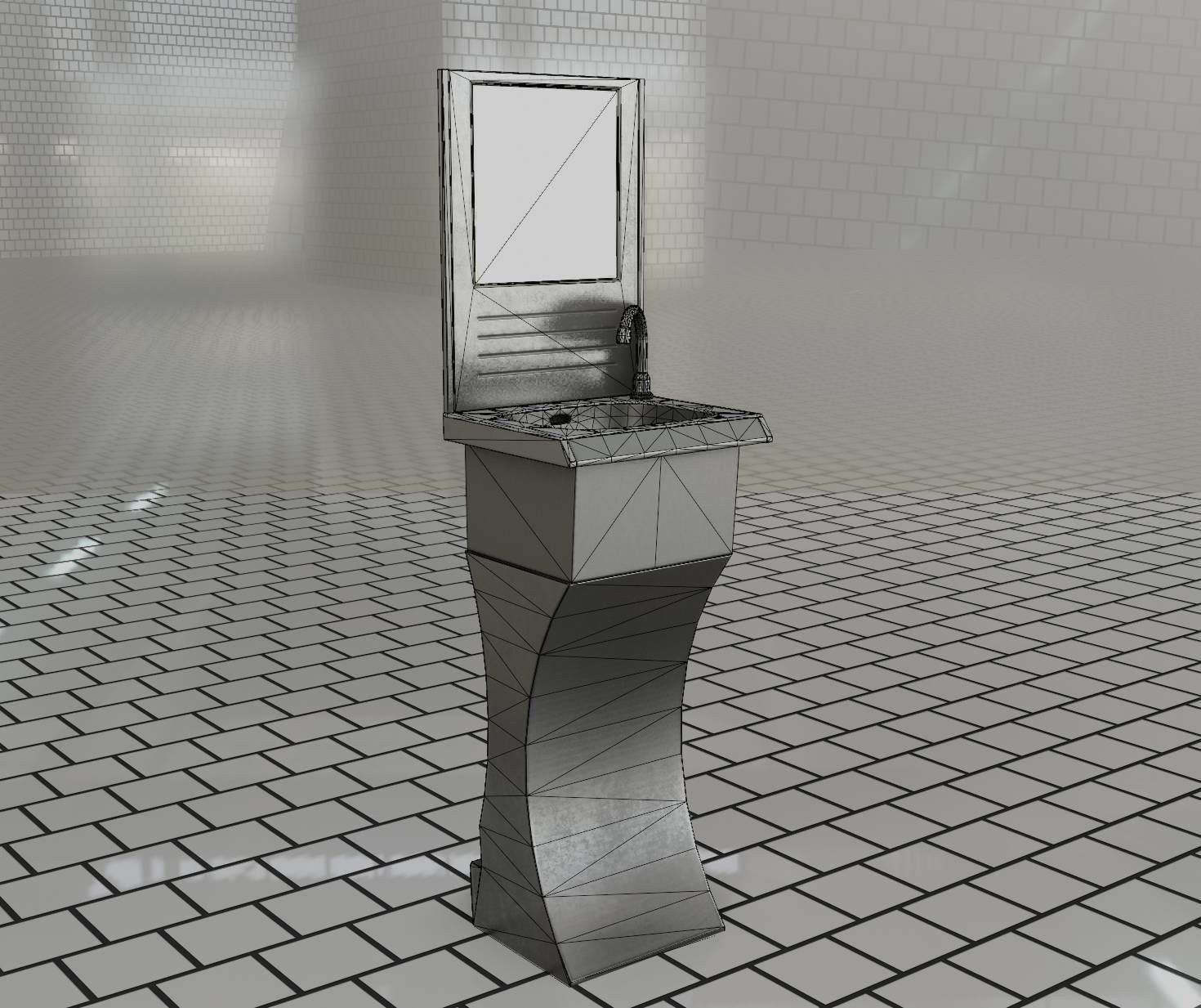 Public Metal Sci-Fi Sink - 35 - with Mirror Low-poly 3D model_87