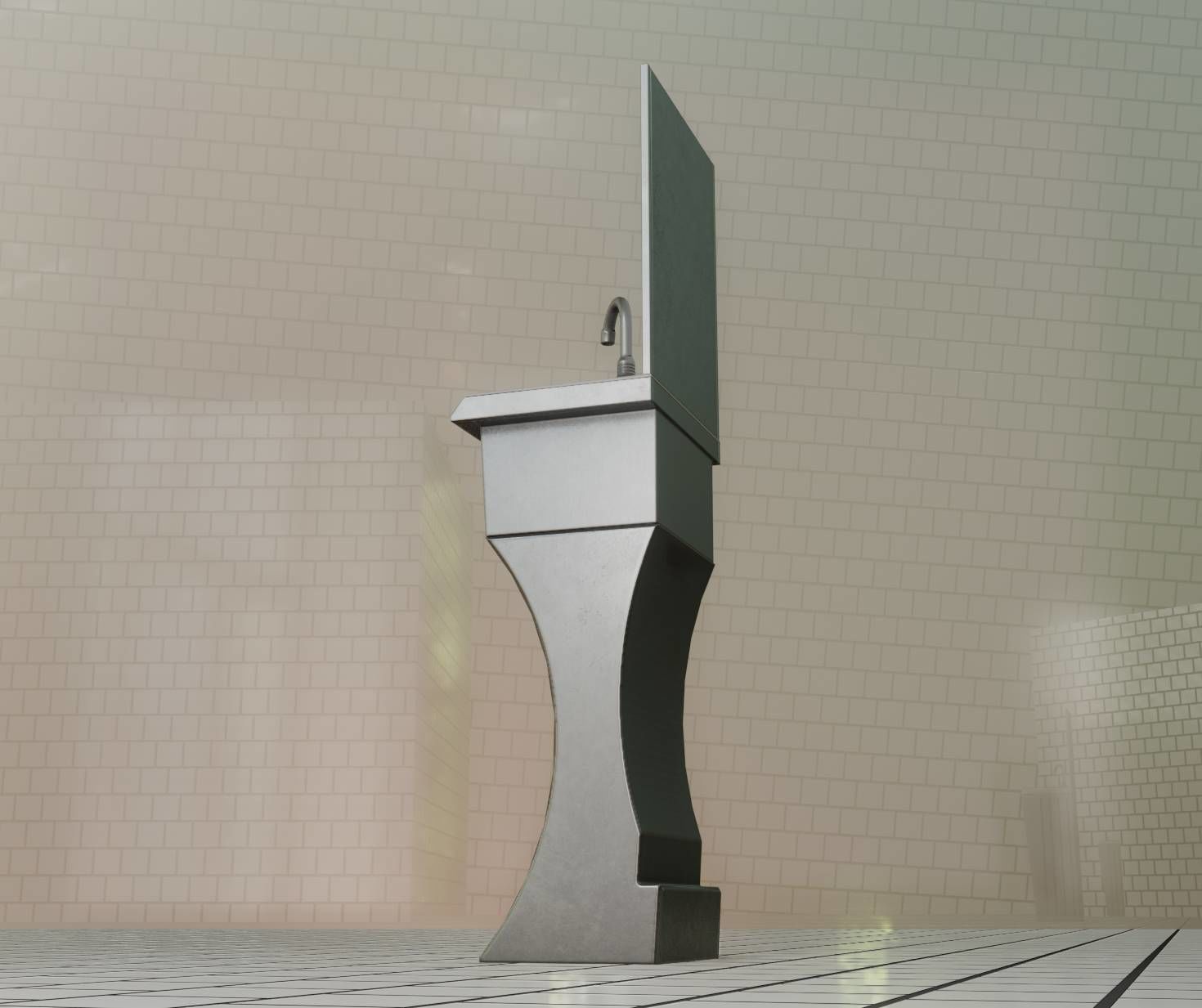 Public Metal Sci-Fi Sink - 35 - with Mirror Low-poly 3D model_62