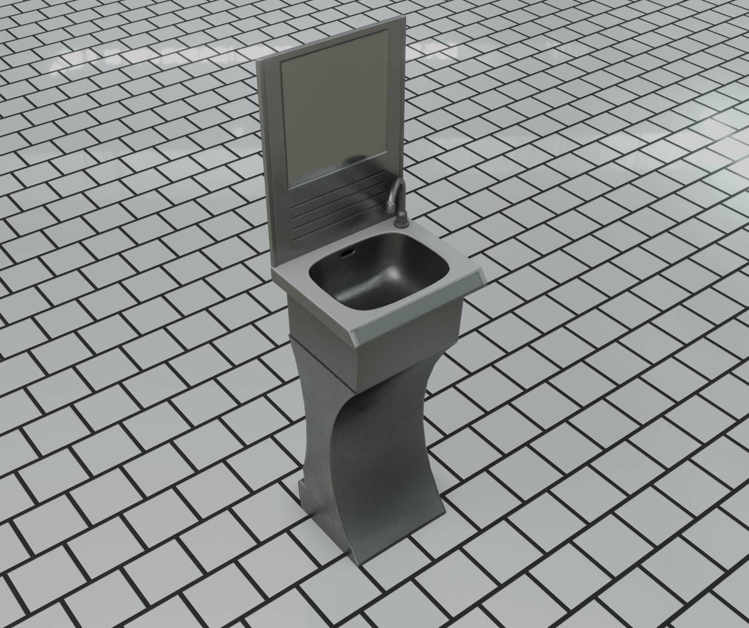 Public Metal Sci-Fi Sink - 35 - with Mirror Low-poly 3D model_24