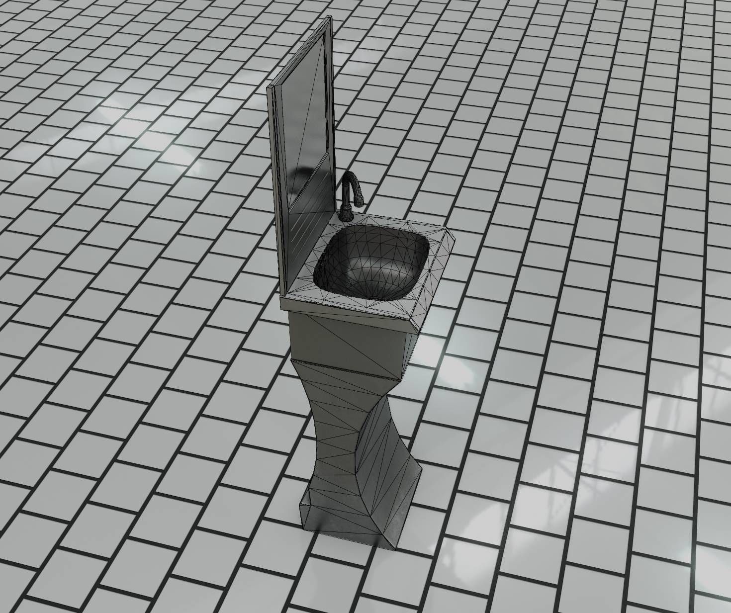 Public Metal Sci-Fi Sink - 35 - with Mirror Low-poly 3D model_25