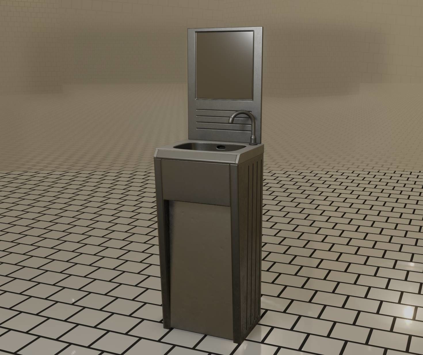 Public Metal Sink - 33 - with Mirror Low-poly 3D model_16