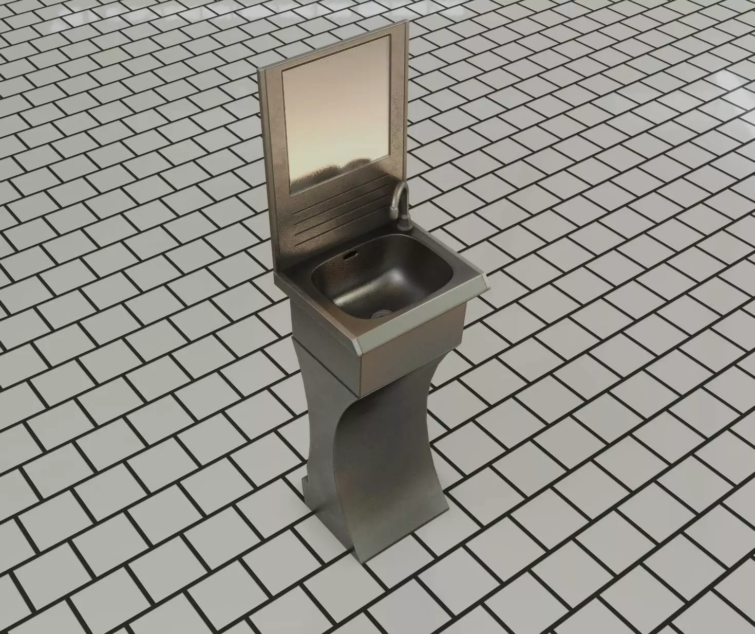 Futuristic Public Metal Sink - 27 - with Mirror Low-poly 3D model_0