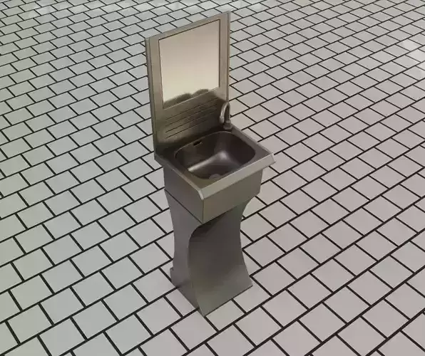 Futuristic Public Metal Sink - 27 - with Mirror Low-poly 3D model