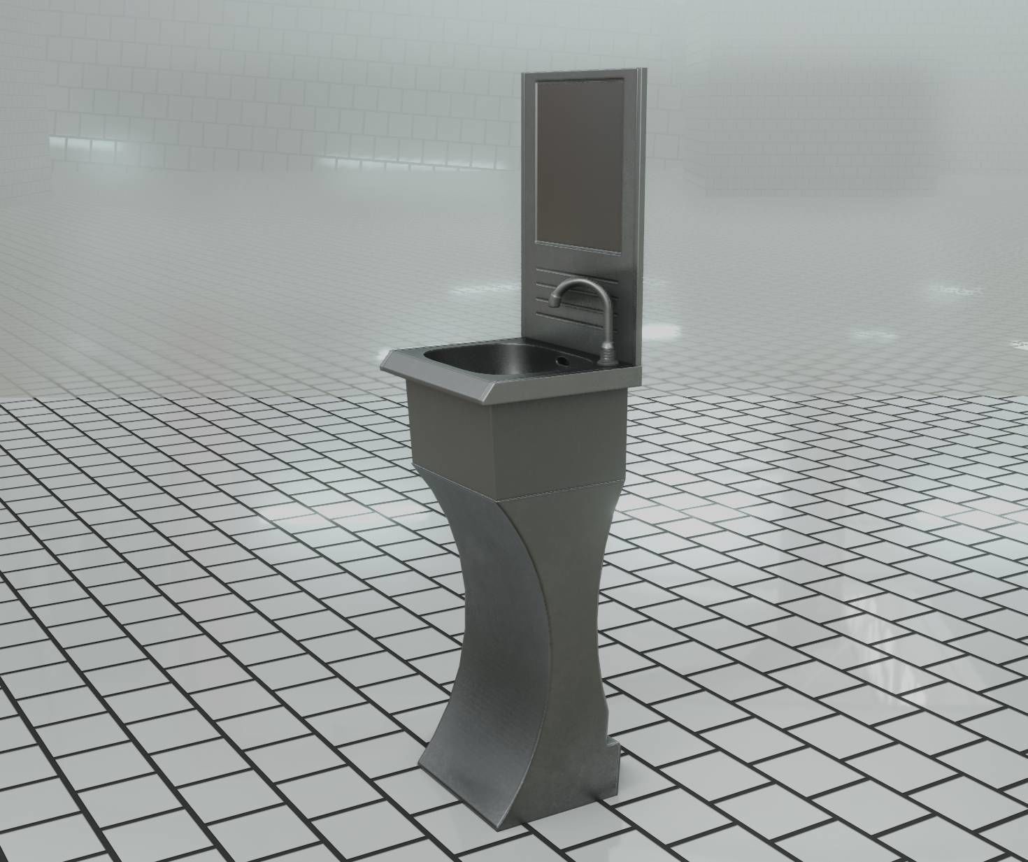 Futuristic Public Metal Sink - 27 - with Mirror Low-poly 3D model_50
