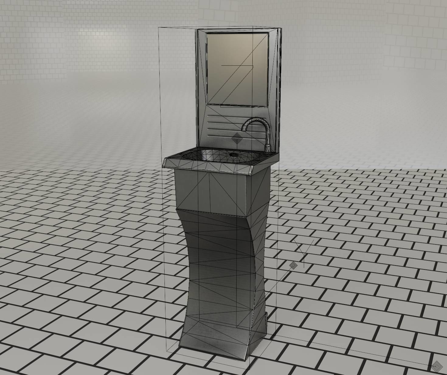 Futuristic Public Metal Sink - 27 - with Mirror Low-poly 3D model_22