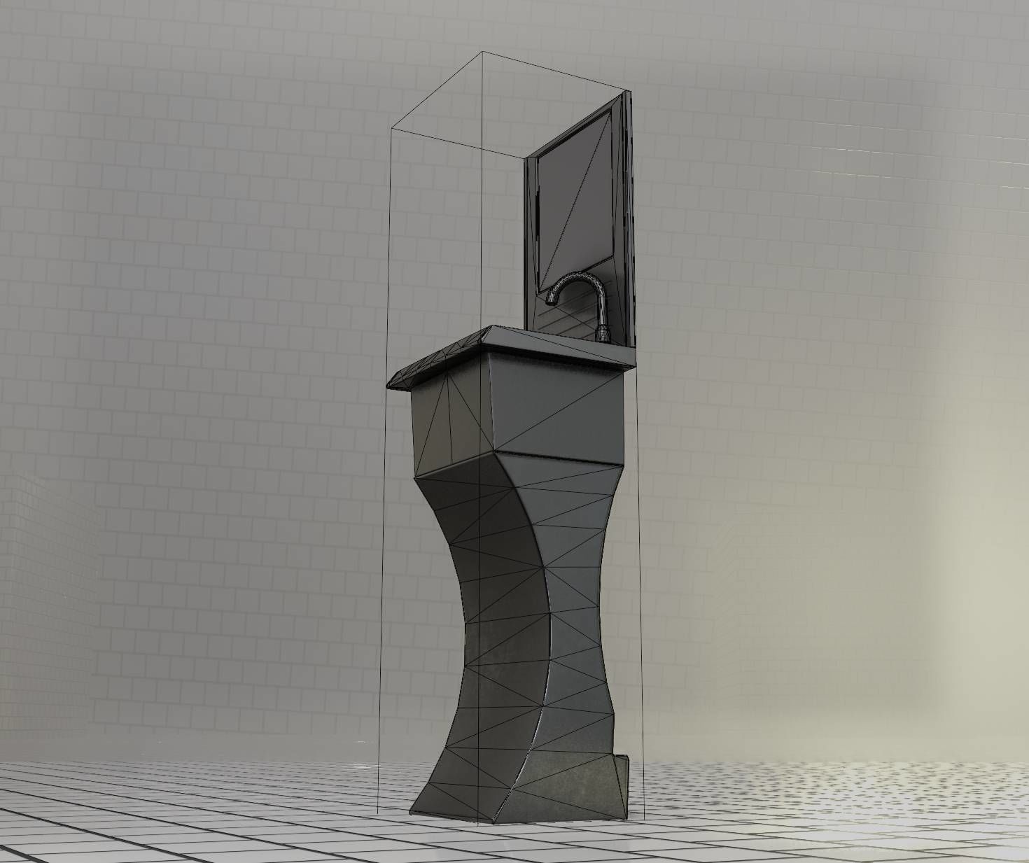 Futuristic Public Metal Sink - 27 - with Mirror Low-poly 3D model_29