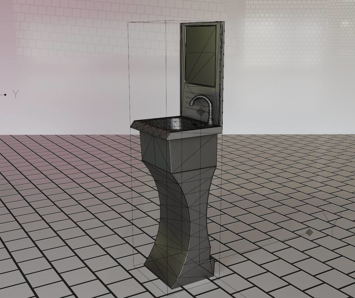 Futuristic Public Metal Sink - 27 - with Mirror Low-poly 3D model_21