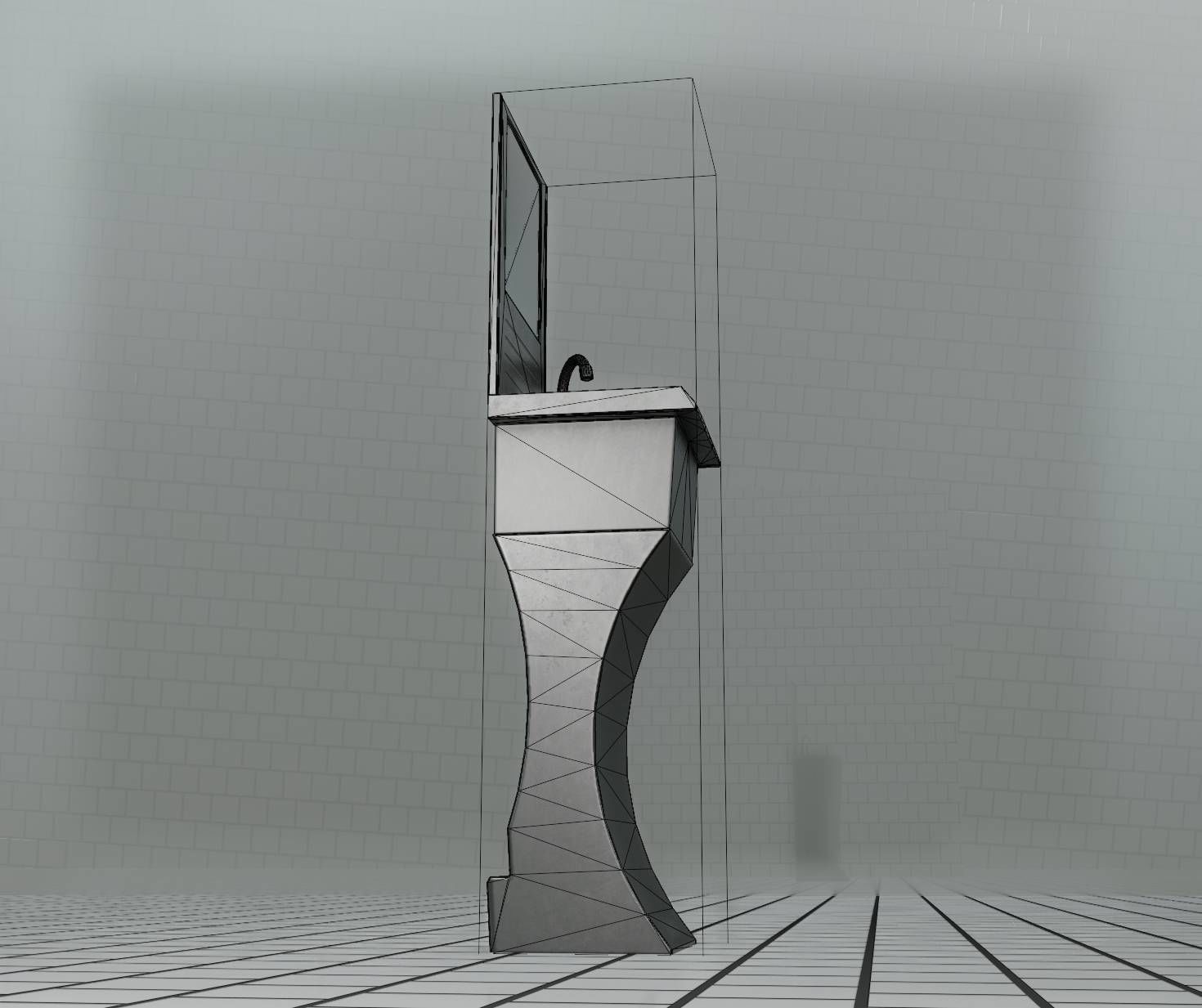 Futuristic Public Metal Sink - 27 - with Mirror Low-poly 3D model_61