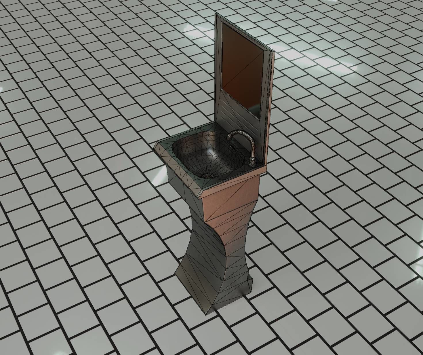 Futuristic Public Metal Sink - 27 - with Mirror Low-poly 3D model_49