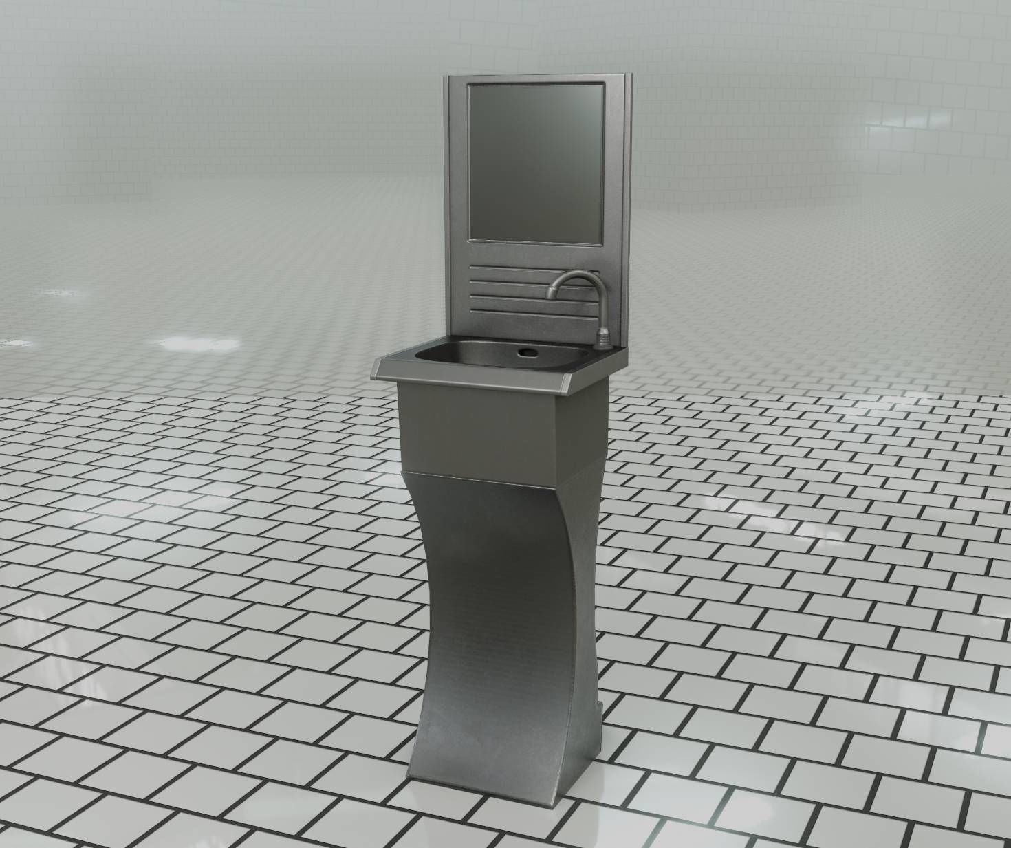 Futuristic Public Metal Sink - 27 - with Mirror Low-poly 3D model_79