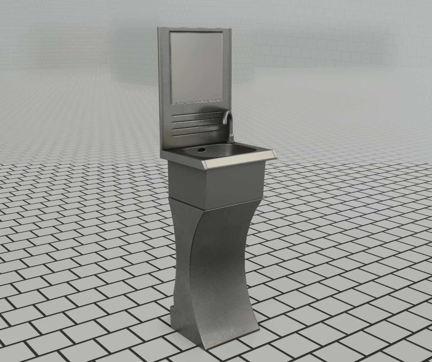 Futuristic Public Metal Sink - 27 - with Mirror Low-poly 3D model_4