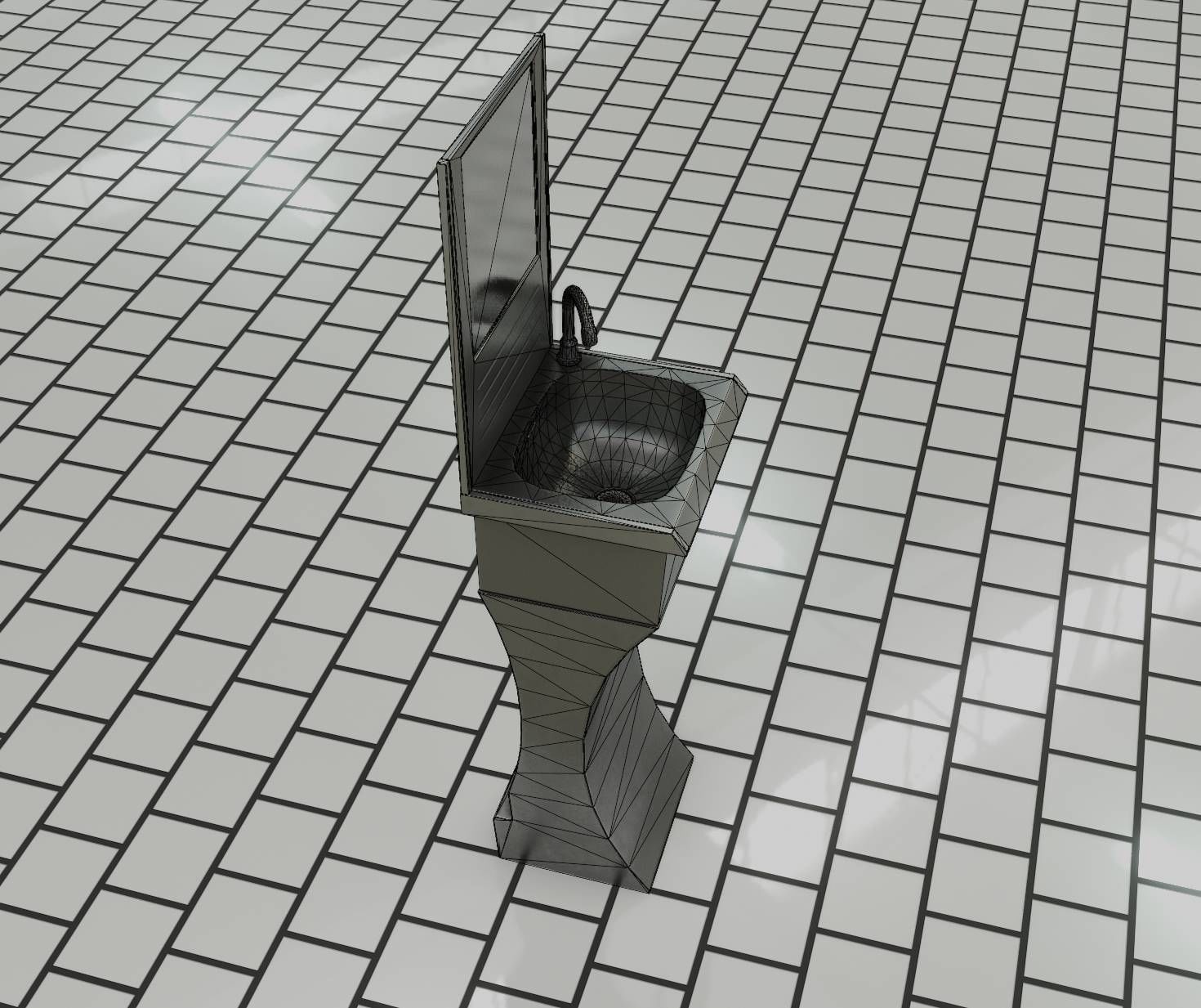 Futuristic Public Metal Sink - 27 - with Mirror Low-poly 3D model_18