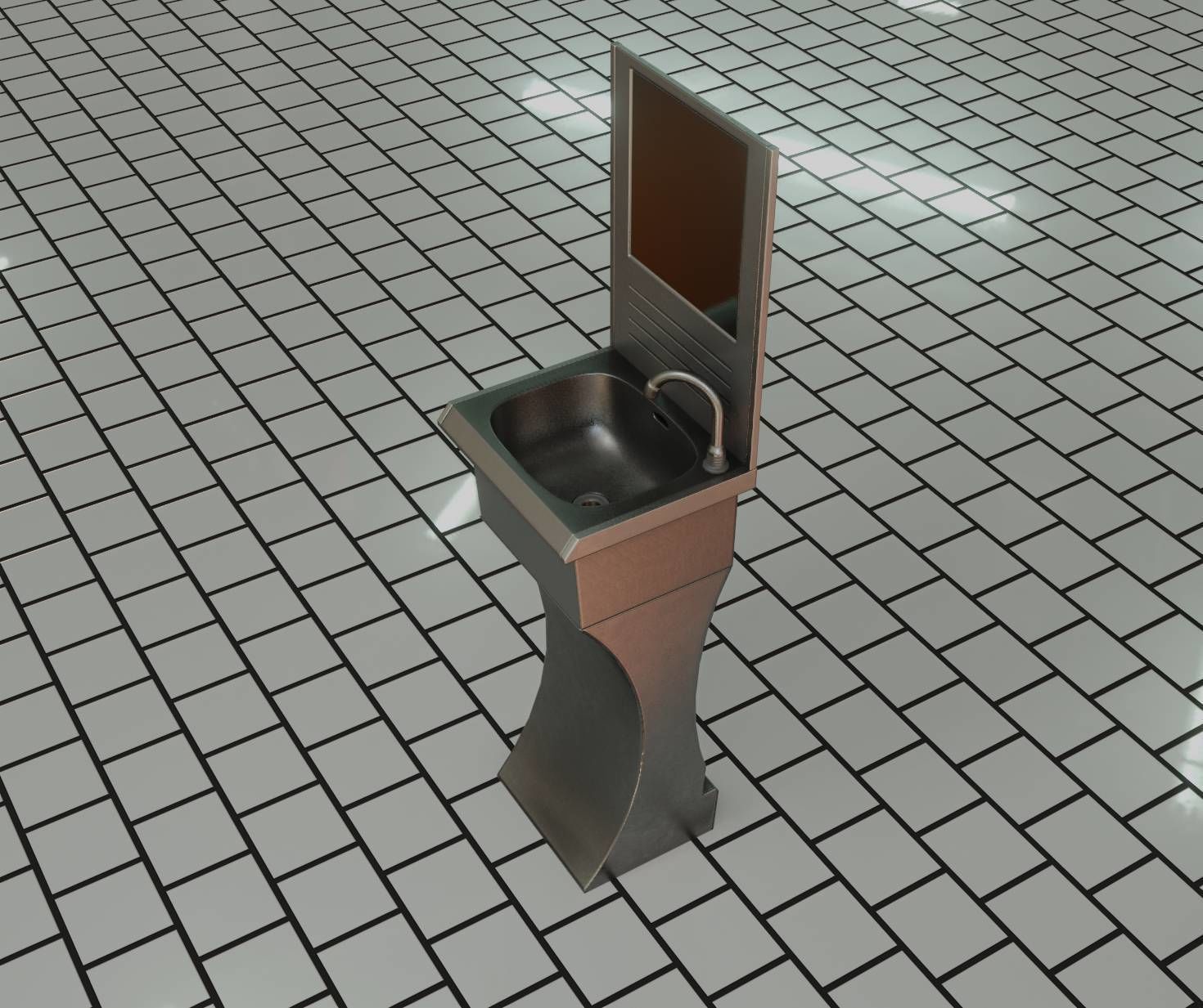 Futuristic Public Metal Sink - 27 - with Mirror Low-poly 3D model_80