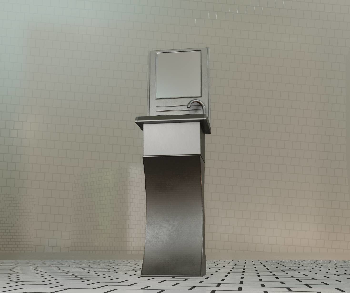 Futuristic Public Metal Sink - 27 - with Mirror Low-poly 3D model_60