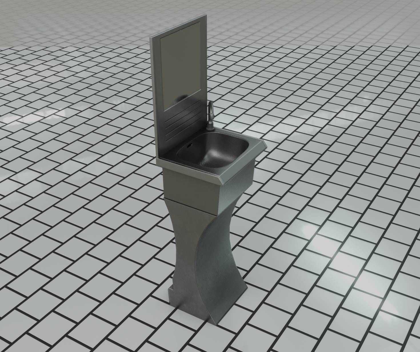 Futuristic Public Metal Sink - 27 - with Mirror Low-poly 3D model_40