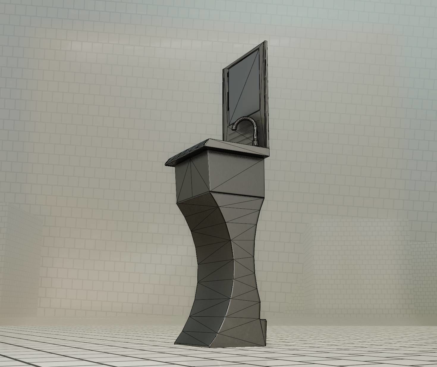 Futuristic Public Metal Sink - 27 - with Mirror Low-poly 3D model_59