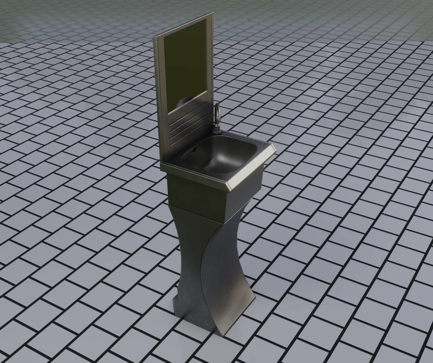 Futuristic Public Metal Sink - 27 - with Mirror Low-poly 3D model_13