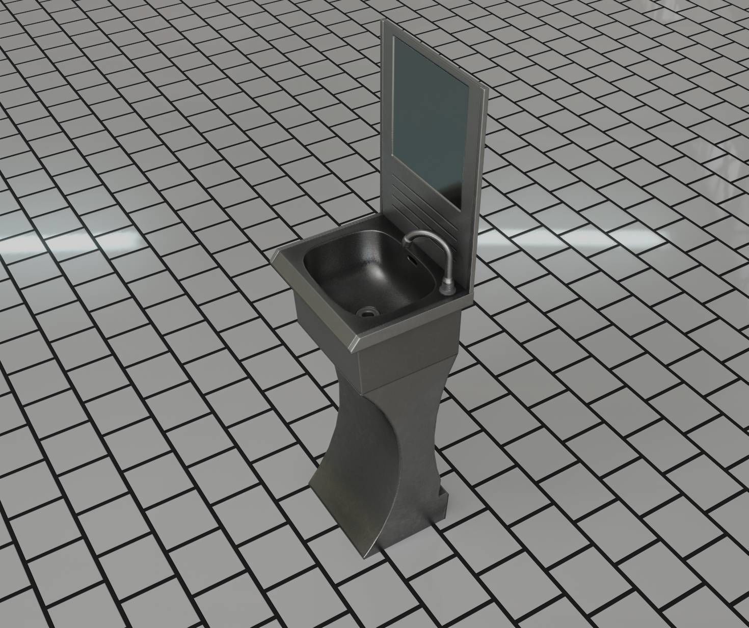 Futuristic Public Metal Sink - 27 - with Mirror Low-poly 3D model_1
