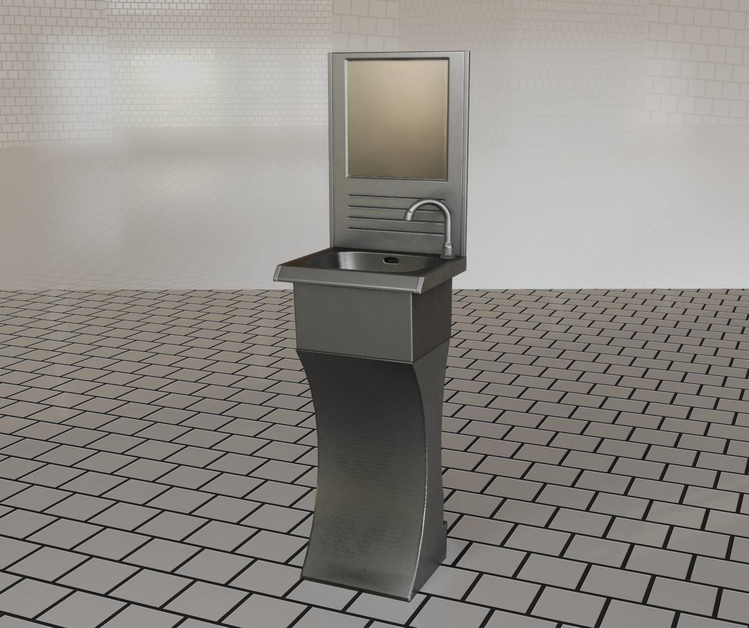 Futuristic Public Metal Sink - 27 - with Mirror Low-poly 3D model_51