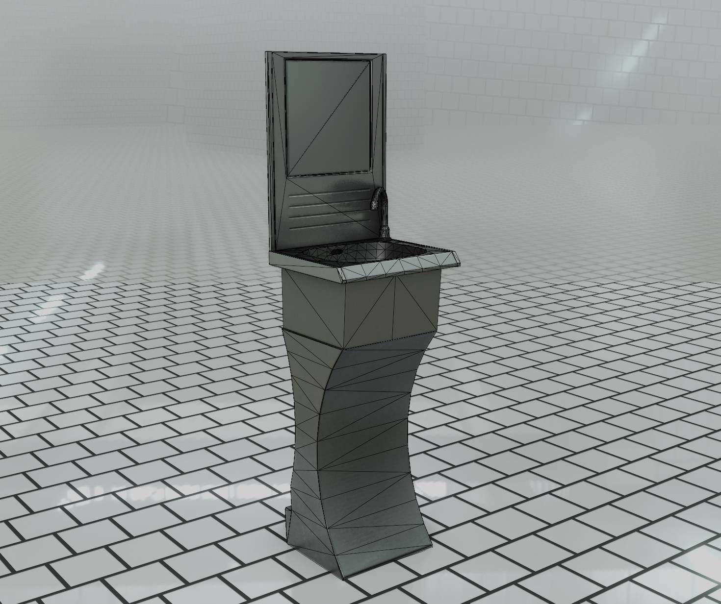 Futuristic Public Metal Sink - 27 - with Mirror Low-poly 3D model_81