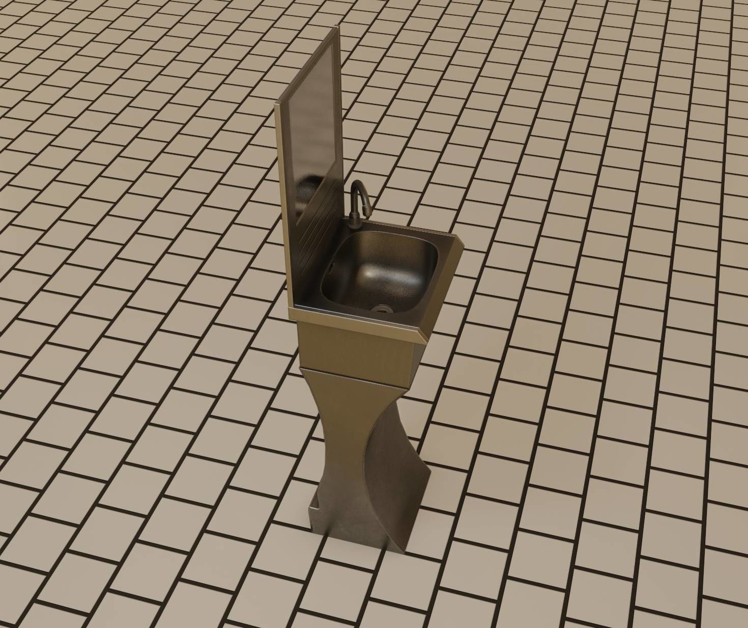 Futuristic Public Metal Sink - 27 - with Mirror Low-poly 3D model_46