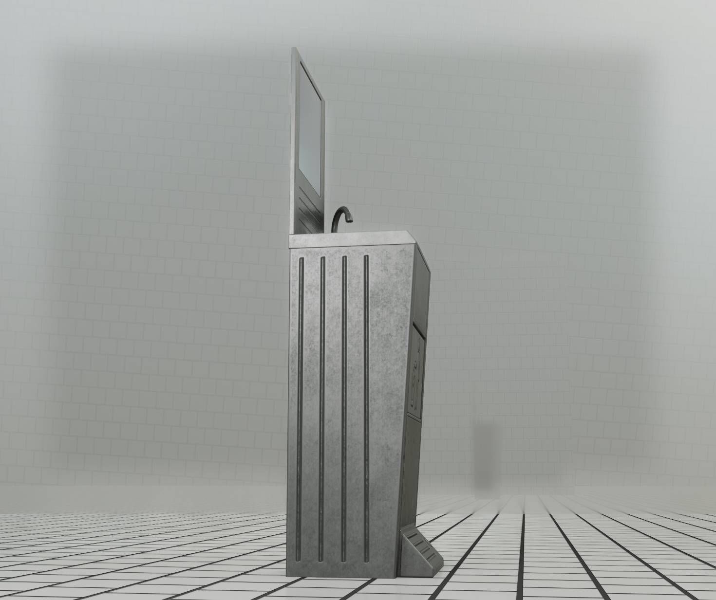 Public Metal Sink - 25 - with Mirror and Trashcan Low-poly 3D model_2